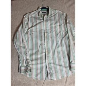 St Johns Bay Mens Medium Green Tan Striped Long Sleeve Button Down Cotton Shirt